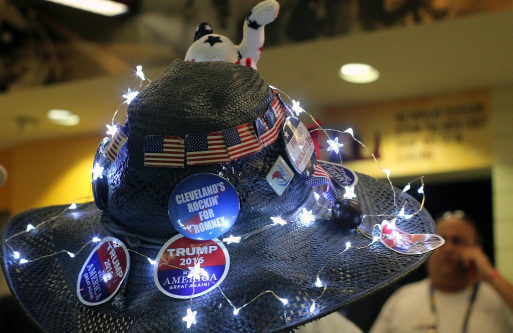 This woman's pro-Trump hat lit up with star lights and an RNC elephant Beanie Baby.