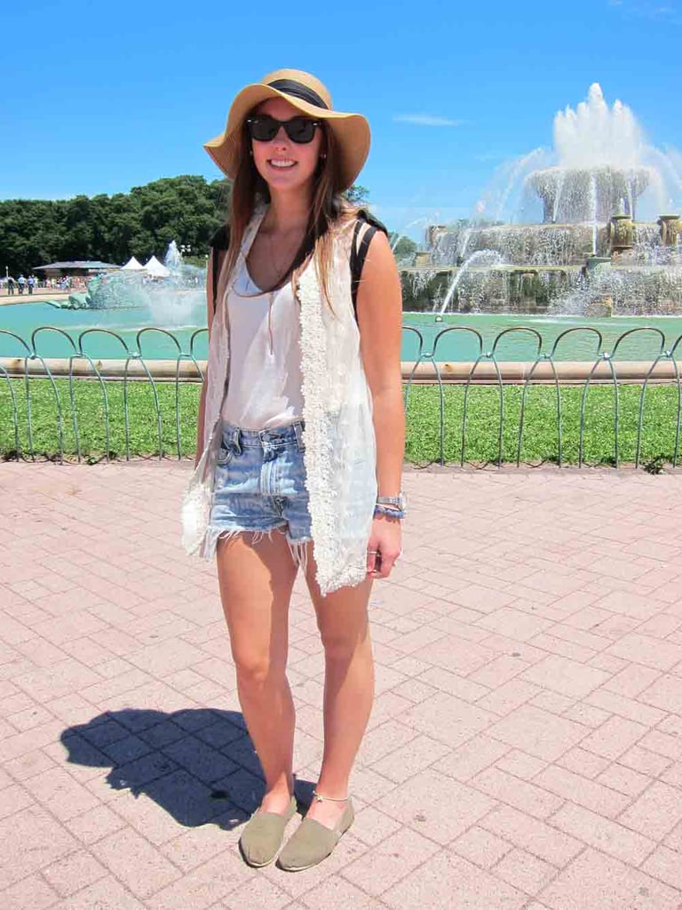 Fashion can be comfortable, as Alice proved with her loose white tank and sheer lace-lined vest. Her olive-green TOMS and Uniqlo hat — essential on an SPF-70 kind of day — were our favorite accessories.