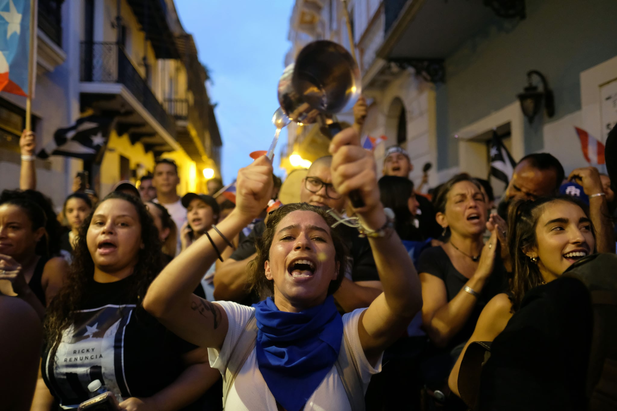 Demonstrators protest in front of the mansion of Puerto Rico's Governor, Ricardo Rossello, known as La Fortaleza, in San Juan, Puerto Rico, on July 24, 2019. - Puerto Rico's embattled governor was reportedly preparing to resign Wednesday, yielding to huge street protests in the US territory triggered by the release of a chat exchange in which he and others mocked gays, women and hurricane victims. Huge crowds of Puerto Ricans have been demonstrating regularly since pages and pages of chat exchanges were made public. (Photo by Ricardo ARDUENGO / AFP)        (Photo credit should read RICARDO ARDUENGO/AFP/Getty Images)