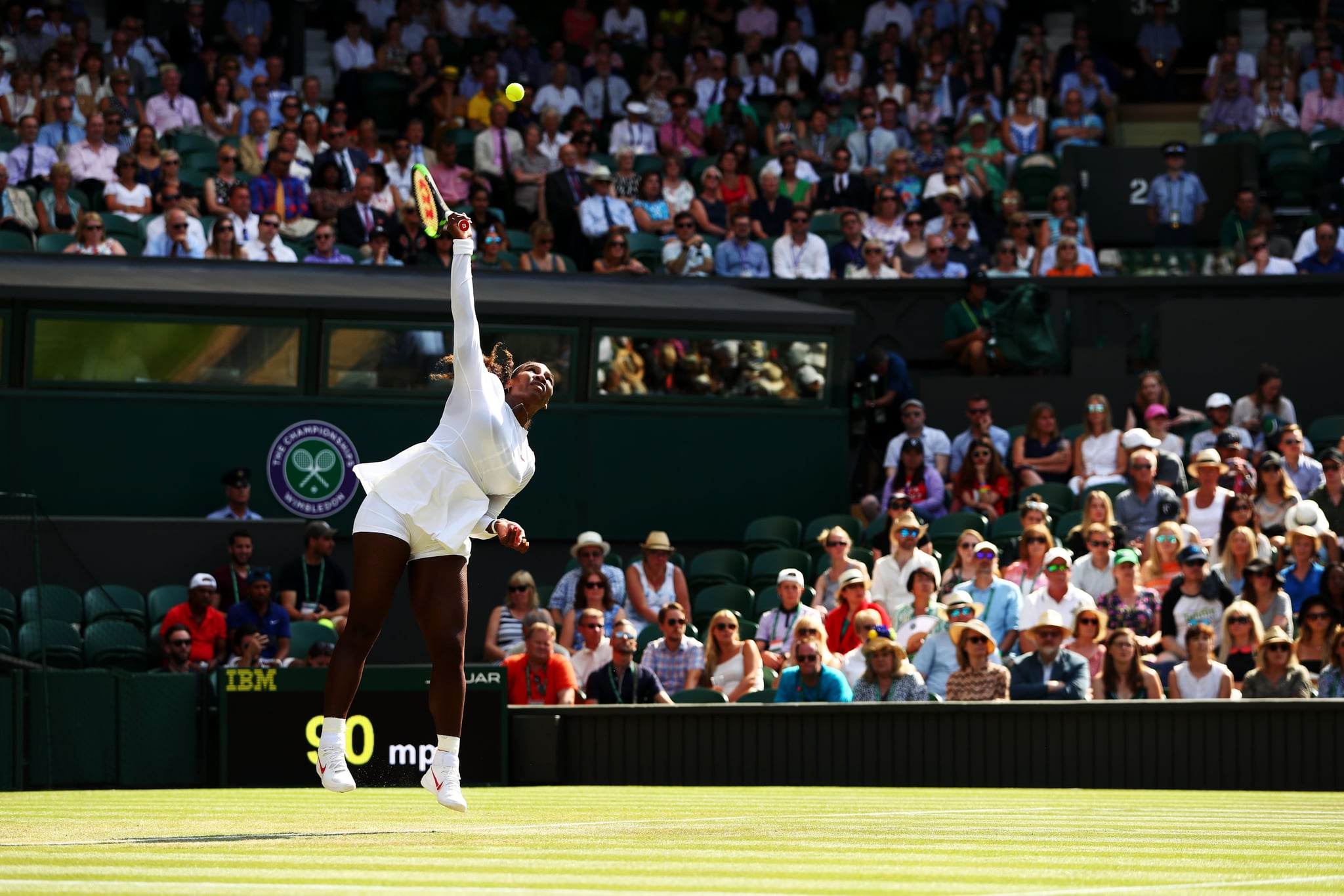 LONDON, ENGLAND - JULY 06:  Serena Williams of the United States serves against Kristina Mladenovic of France during their Ladies' Singles third round match on day five of the Wimbledon Lawn Tennis Championships at All England Lawn Tennis and Croquet Club on July 6, 2018 in London, England.  (Photo by Matthew Stockman/Getty Images)