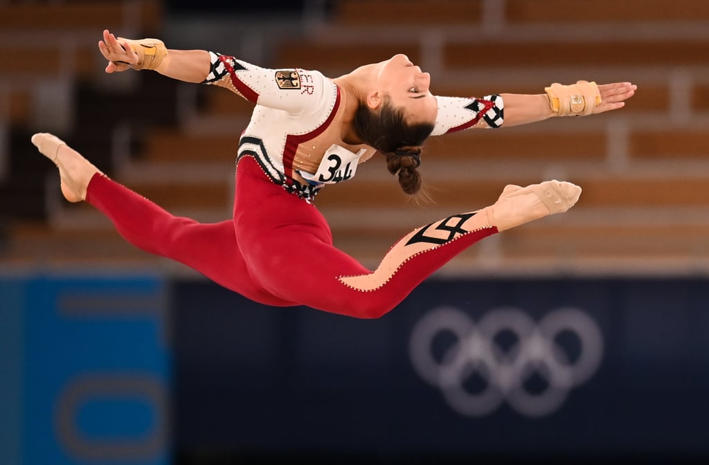 German Gymnast Pauline Schäfer Wears a Unitard on Floor During Women's Tokyo Olympics Qualification