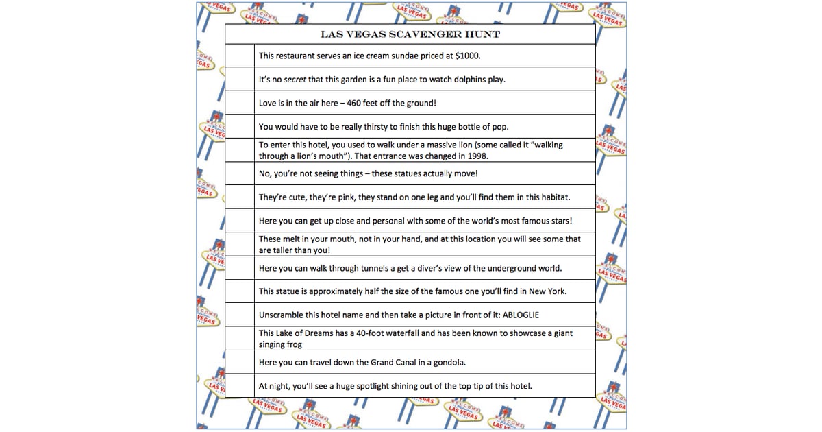 Las Vegas Scavenger Hunt Free Bachelorette Party Printables