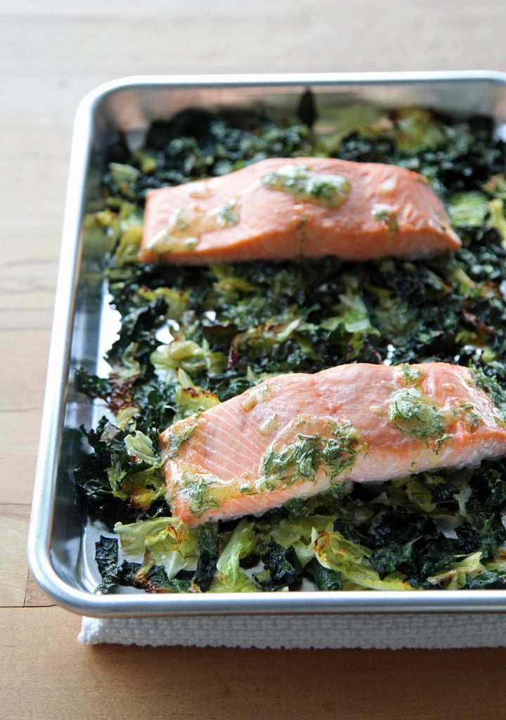 Get the recipe: salmon with crispy cabbage and kale