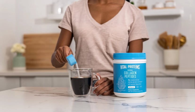 Woman pouring Vital Proteins Collagen Peptides Powder into coffee cup.