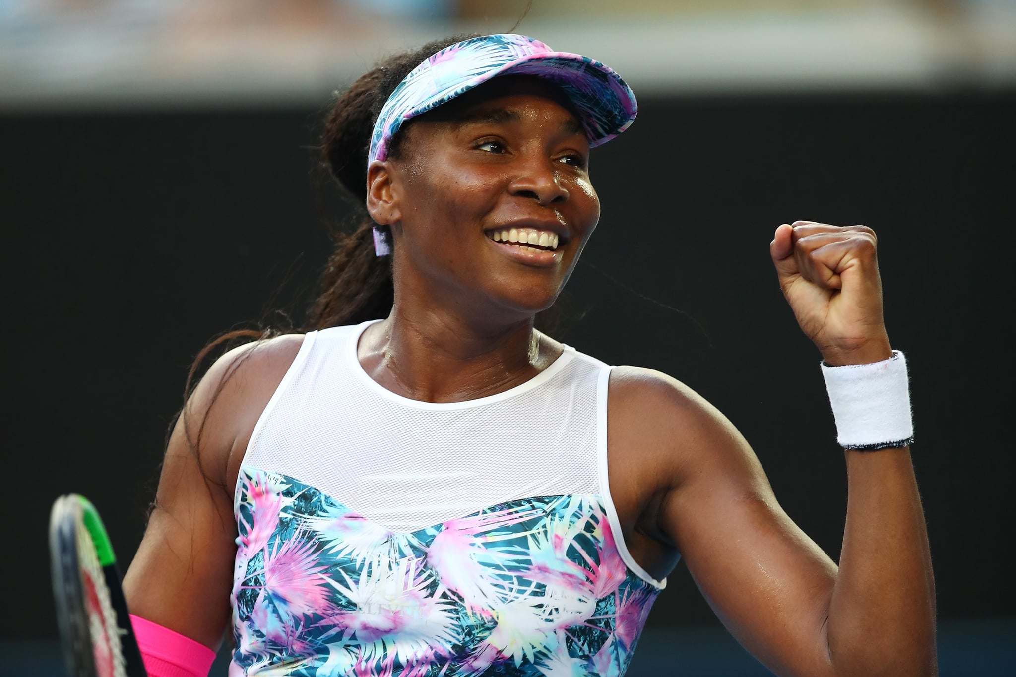 MELBOURNE, AUSTRALIA - JANUARY 15:  Venus Williams of the United States celebrates after winning match point in her first round match against Mihaela Buzarnescu of Romania during day two of the 2019 Australian Open at Melbourne Park on January 15, 2019 in Melbourne, Australia.  (Photo by Cameron Spencer/Getty Images)