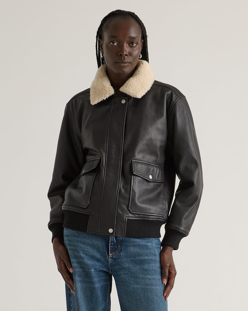 Quince 100% Leather Shearling Trim Aviator Jacket