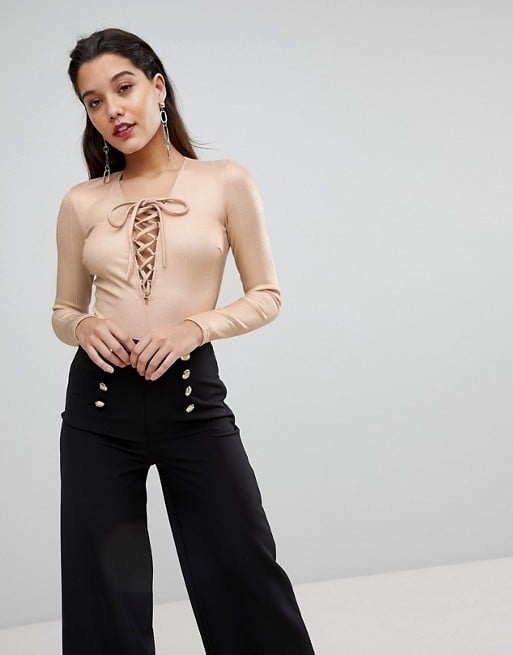 Flounce London Going Out Bandage Bodysuit With Lace-Up Front