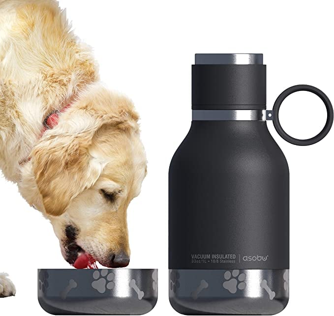 Asobu Dog - Pet Bowl Attached to Stainless Steel Insulated Travel Water Bottle 33 Ounce