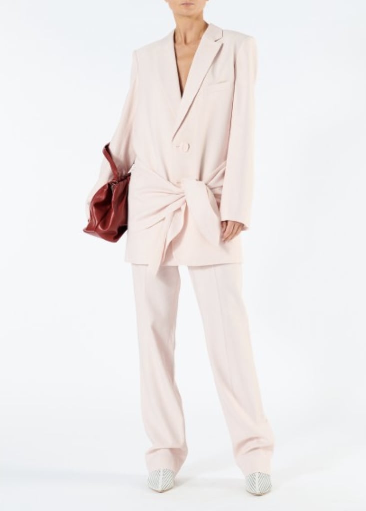 Tibi Linen Viscose Long Blazer With Removable Tie in Baby Pink