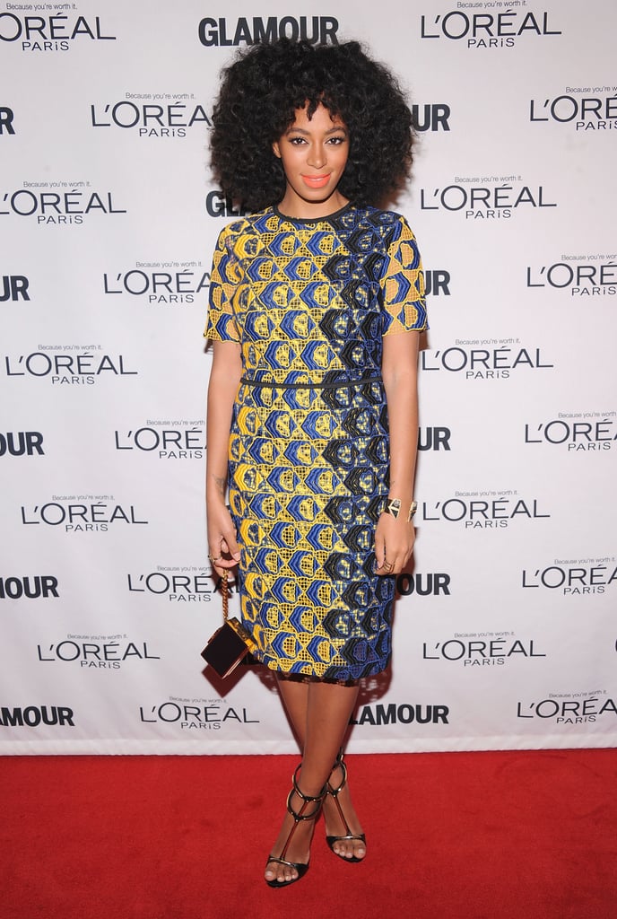 At the 2012 Glamour Women of the Year Awards, Solange showcased her love for standout prints in a bold Derek Lam sheath, then finished with a sleek box clutch and strappy heels.