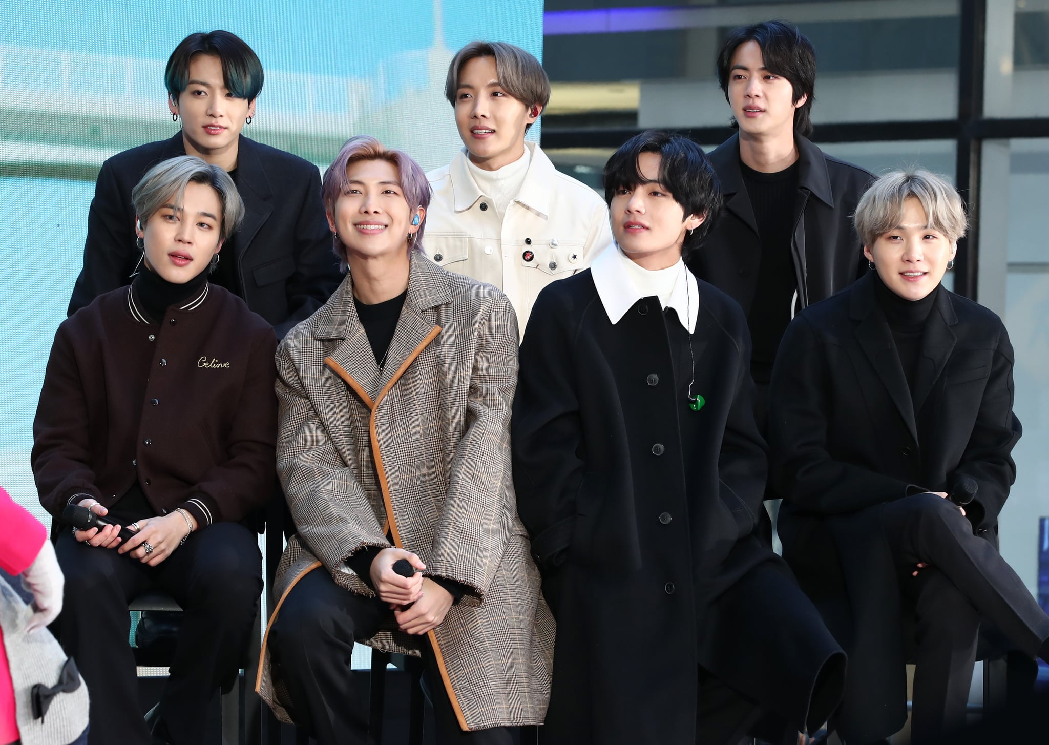 NEW YORK, NEW YORK - FEBRUARY 21:  (L-R) Jimin, Jungkook, RM, J-Hope, V, Jin, and SUGA of the K-pop boy band BTS visit the 