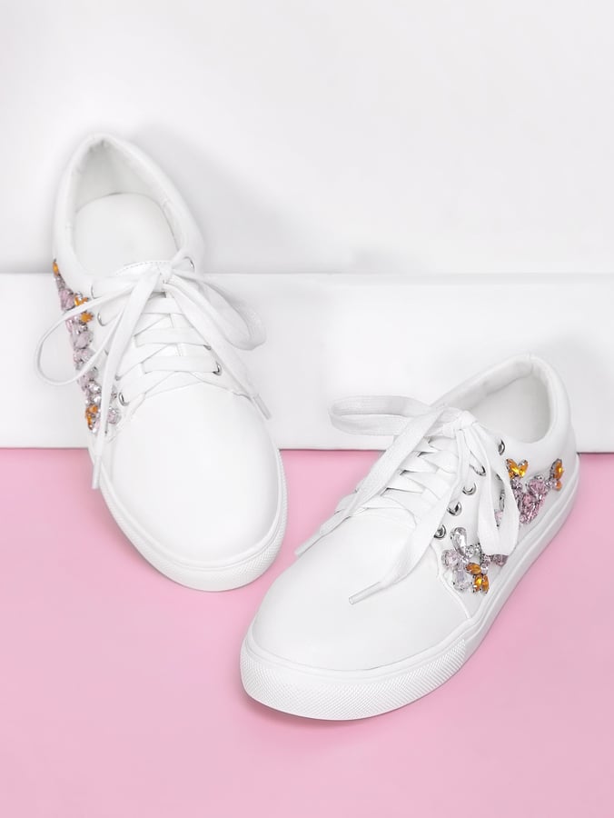 Shein Rhinestone Flower Decorated Lace Up Sneakers