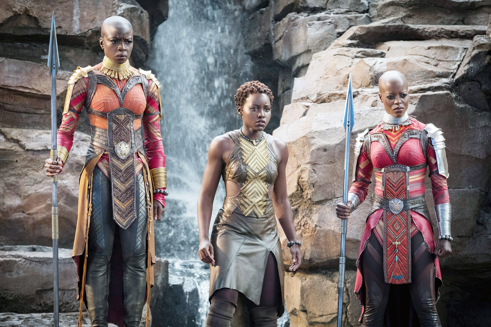 BLACK PANTHER, from left: Danai Gurira, Lupita Nyong'o, Florence Kasumba, 2018. ph: Matt Kennedy / Marvel /  Walt Disney Studios Motion Pictures /Courtesy Everett Collection