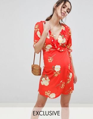 ASOS Design Maternity Nursing Wrap Front Tea Dress With Frill in Floral Print