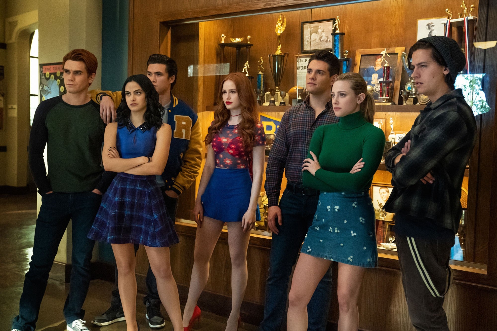 RIVERDALE, from left: KJ Apa, Camila Mendes, Charles Melton, Madelaine Petsch, Casey Cott, Lili Reinhart, Cole Sprouse, Chapter Seventy-Six: Killing Mr. Honey, (Season 4, Episode 419, aired May 6, 2020). photo: Katie Yu / The CW Network / Courtesy Everett Collection