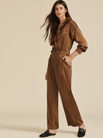 Shein Premium Drop Shoulder Flap Detail Satin Blouse & Palazzo Pants Set