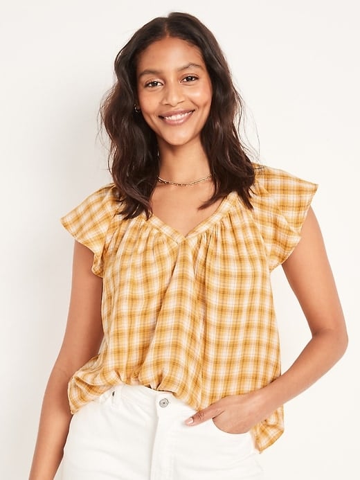 Old Navy Loose Check-Pattern Flutter-Sleeve Top