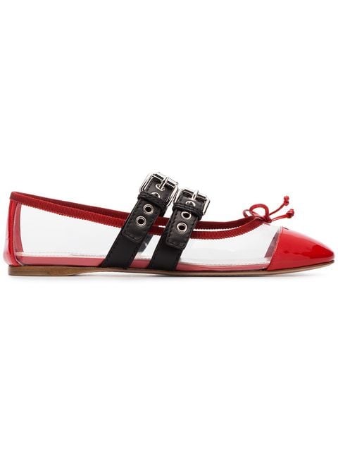Miu Miu Red and Black Buckle PVC Ballerina Flats