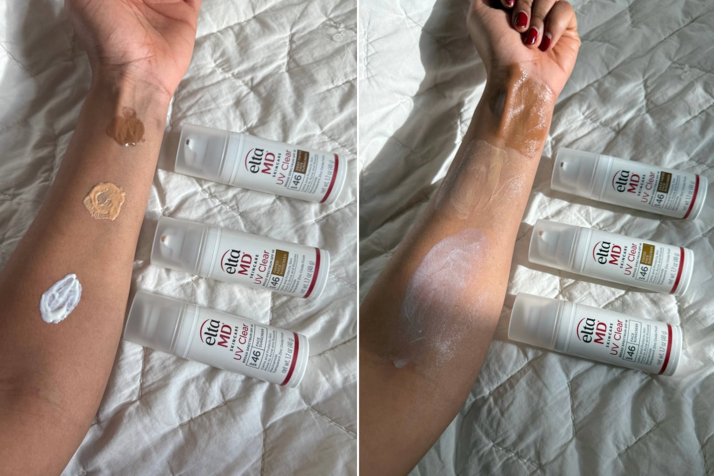 The EltaMD untinted UV Clear SPF 46, the Tinted UV Clear SPF 46, and the Deep Tinted UV Clear SPF 46 sunscreens.