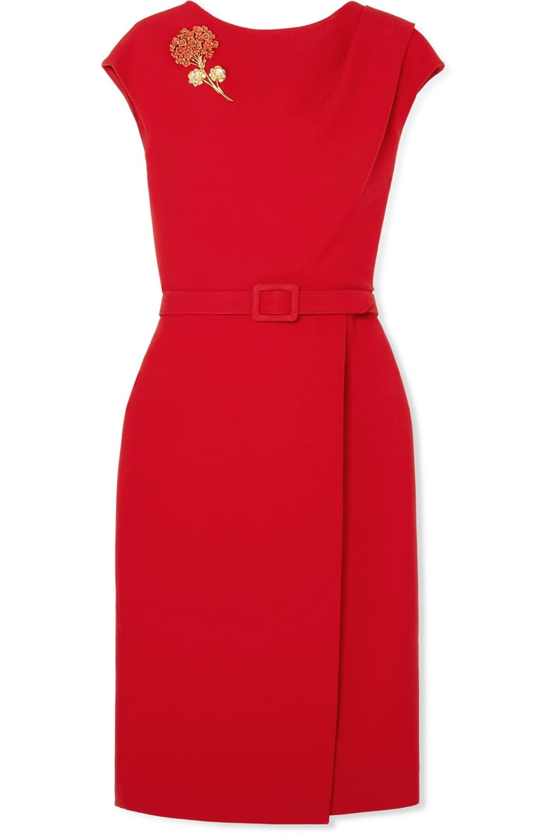 Oscar de la Renta Belted Embellished Wool and Silk-Blend Cady Midi Dress