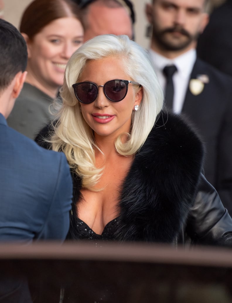 Lady Gaga Arrived Wearing a Fuzzy Black Coat