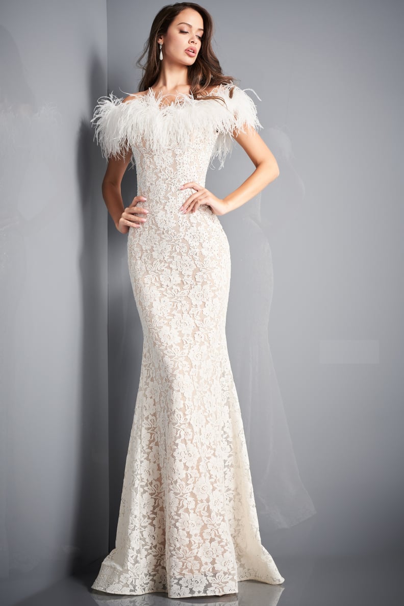 Jovani Lace Feather Neck Wedding Gown