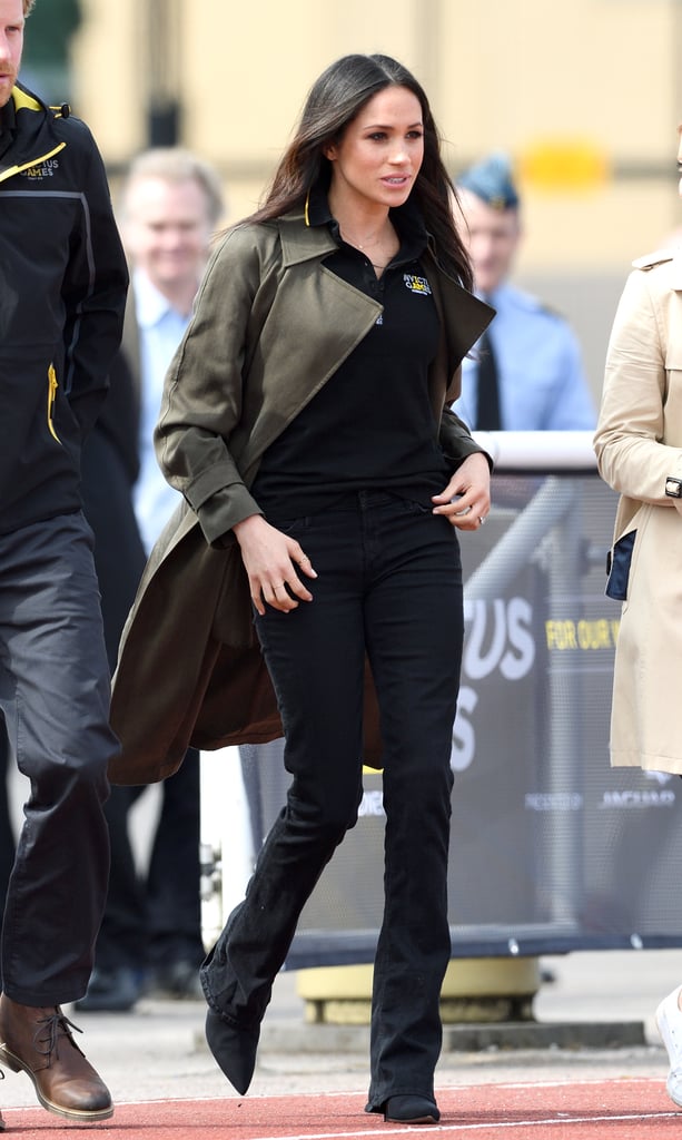 When she stepped out with Prince Harry for the UK team trials for the Invictus Games in April 2018, Meghan wore flared denim with Stuart Weitzman heeled booties.