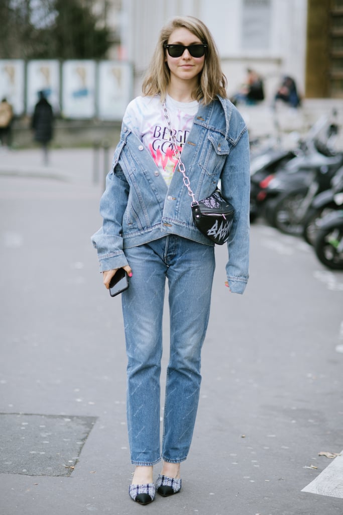 Style a graphic tee with a denim on denim look.