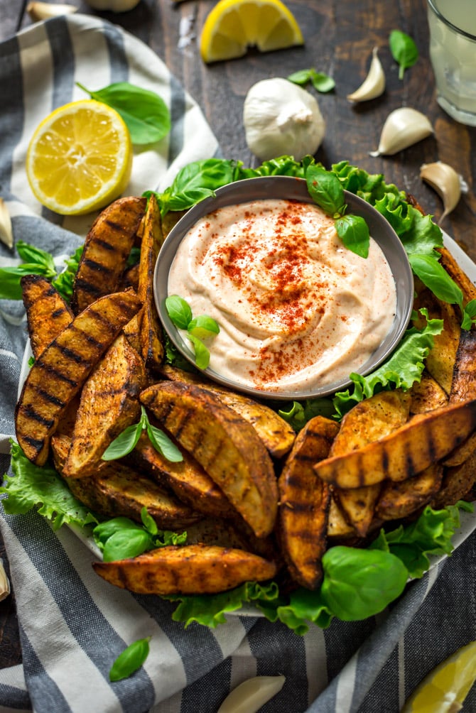 Grilled Potato Wedge Fries With Roasted Garlic Aioli