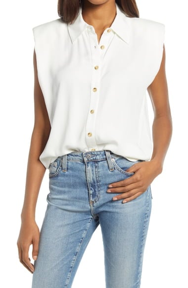 Treasure & Bond Shoulder Pad Sleeveless Button-Up Top