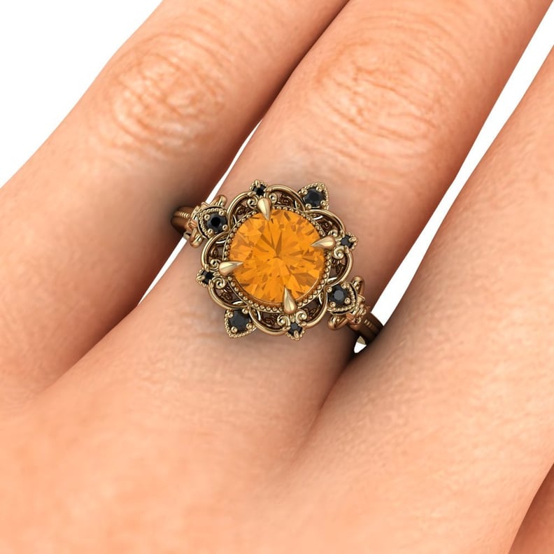 Helga Scrollwork Goblet Engagement Ring With Citrine Black and Canadian Diamonds