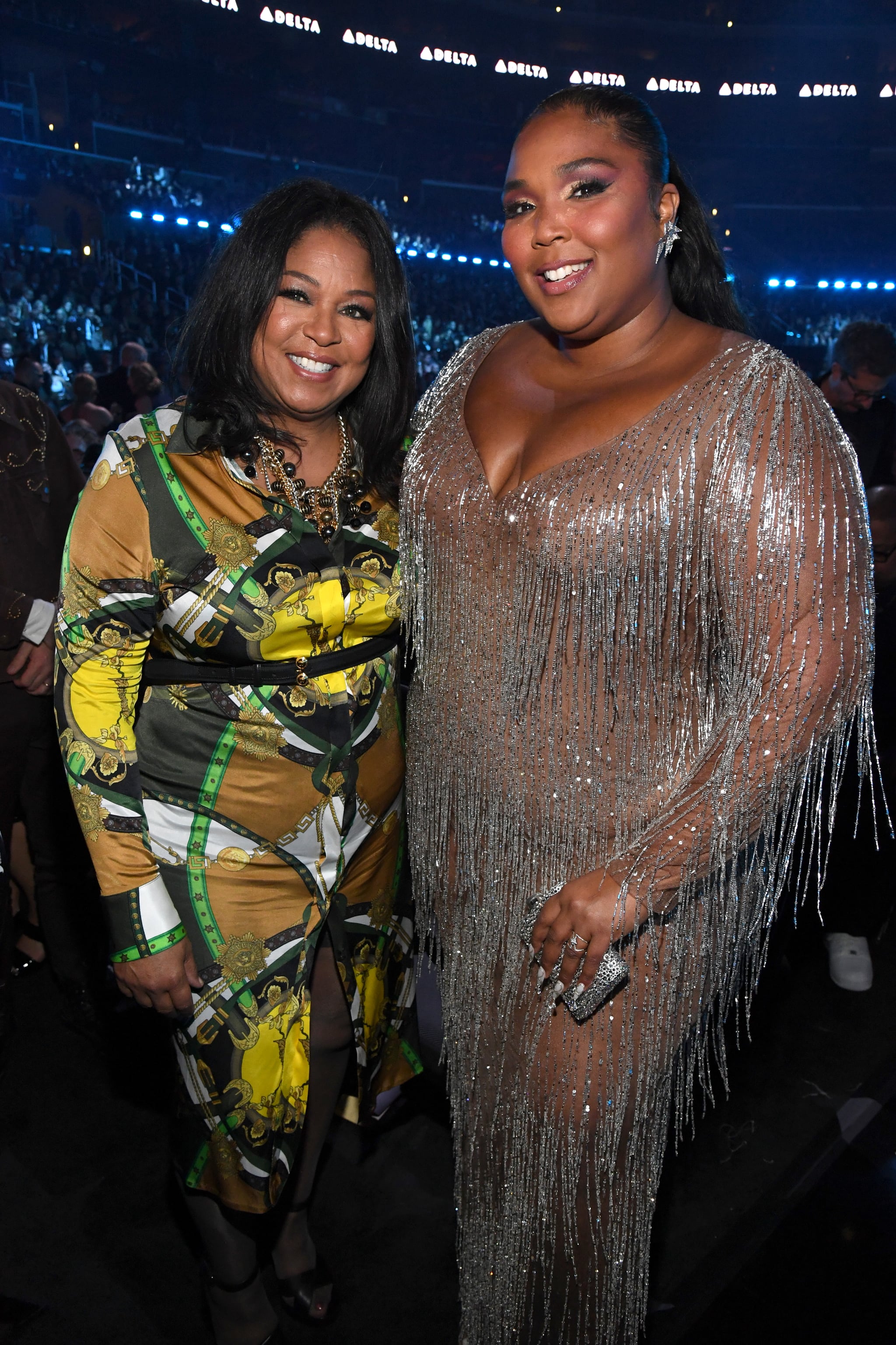 LOS ANGELES, CALIFORNIA - JANUARY 26: LIzzo (R) and Shari Johnson-Jefferson during the 62nd Annual GRAMMY Awards at STAPLES Centre on January 26, 2020 in Los Angeles, California. (Photo by Kevin Mazur/Getty Images for The Recording Academy)