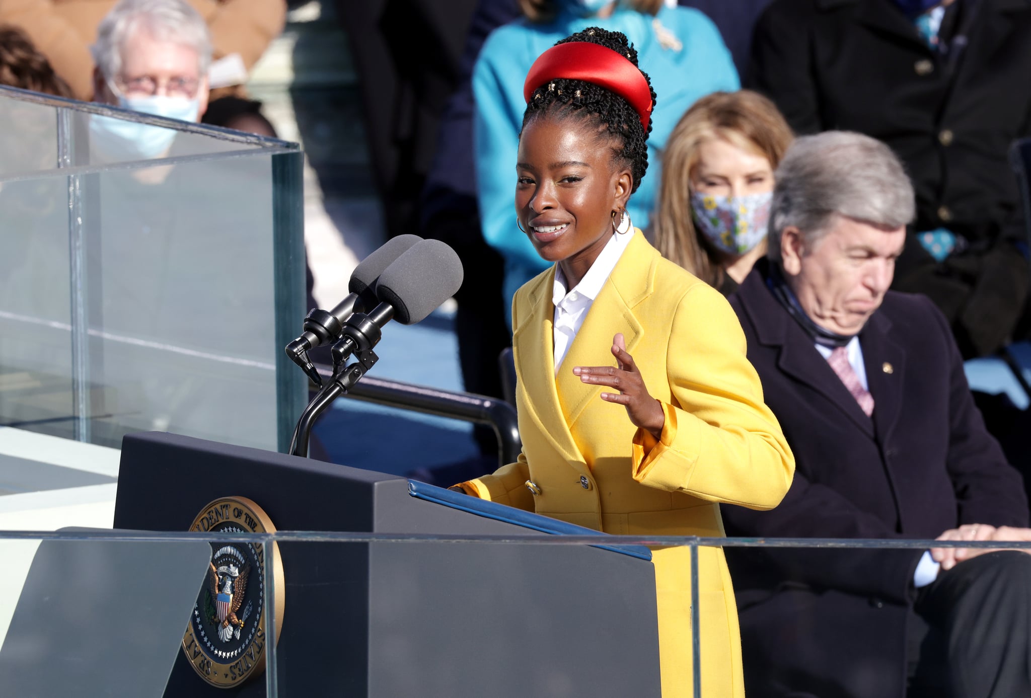WASHINGTON, DC - JANUARY 20: Youth Poet Laureate Amanda Gorman speaks at the inauguration of U.S. President Joe Biden on the West Front of the U.S. Capitol on January 20, 2021 in Washington, DC.  During today's inauguration ceremony Joe Biden becomes the 46th president of the United States. (Photo by Alex Wong/Getty Images)
