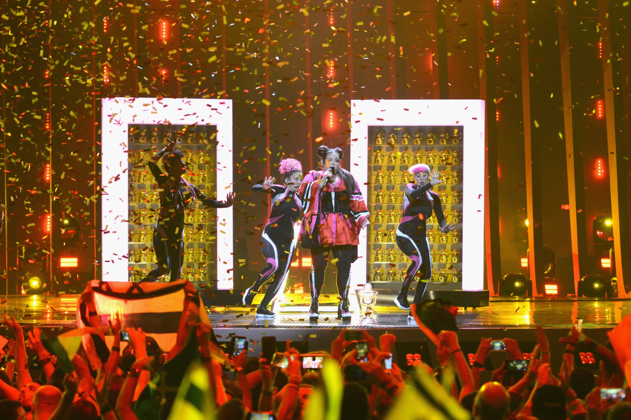 LISBON, PORTUGAL - MAY 12:  Netta Barzilai (C) representing Israel, wins the Grand Final of the 2018 Eurovision Song Contest  at Altice Arena on May 12, 2018 in Lisbon, Portugal.  (Photo by Pedro Gomes/WireImage)