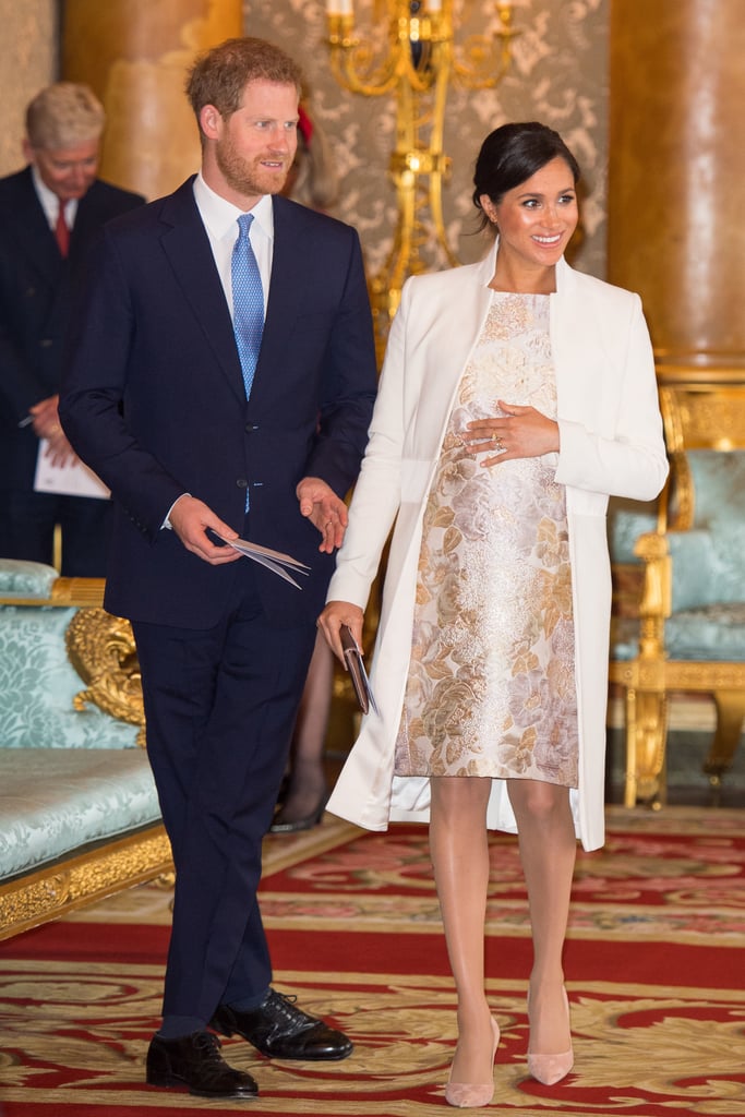 Meghan Markle Fall Outfit Idea: A Metallic Brocade Dress and White Coat