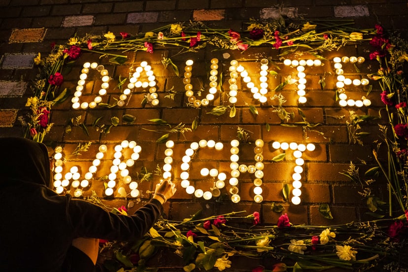 SEATTLE, WA - APRIL 12: A display of candles and flowers spells the name of Daunte Wright at a protest over his death on April 12, 2021 in Seattle, Washington. Wright, a Black man whose car was stopped in Brooklyn Center, Minnesota on Sunday reportedly fo