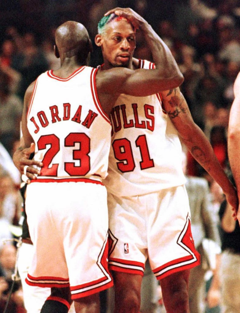 Michael Jordan and Dennis Rodman During Game 2 of the NBA Finals in 1996