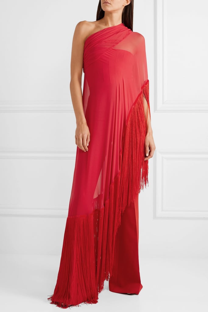 Naeem Khan One-shoulder fringed silk-crepe gown