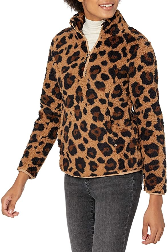 Amazon Essentials Polar Fleece Lined Sherpa Quarter-Zip Jacket in Leopard