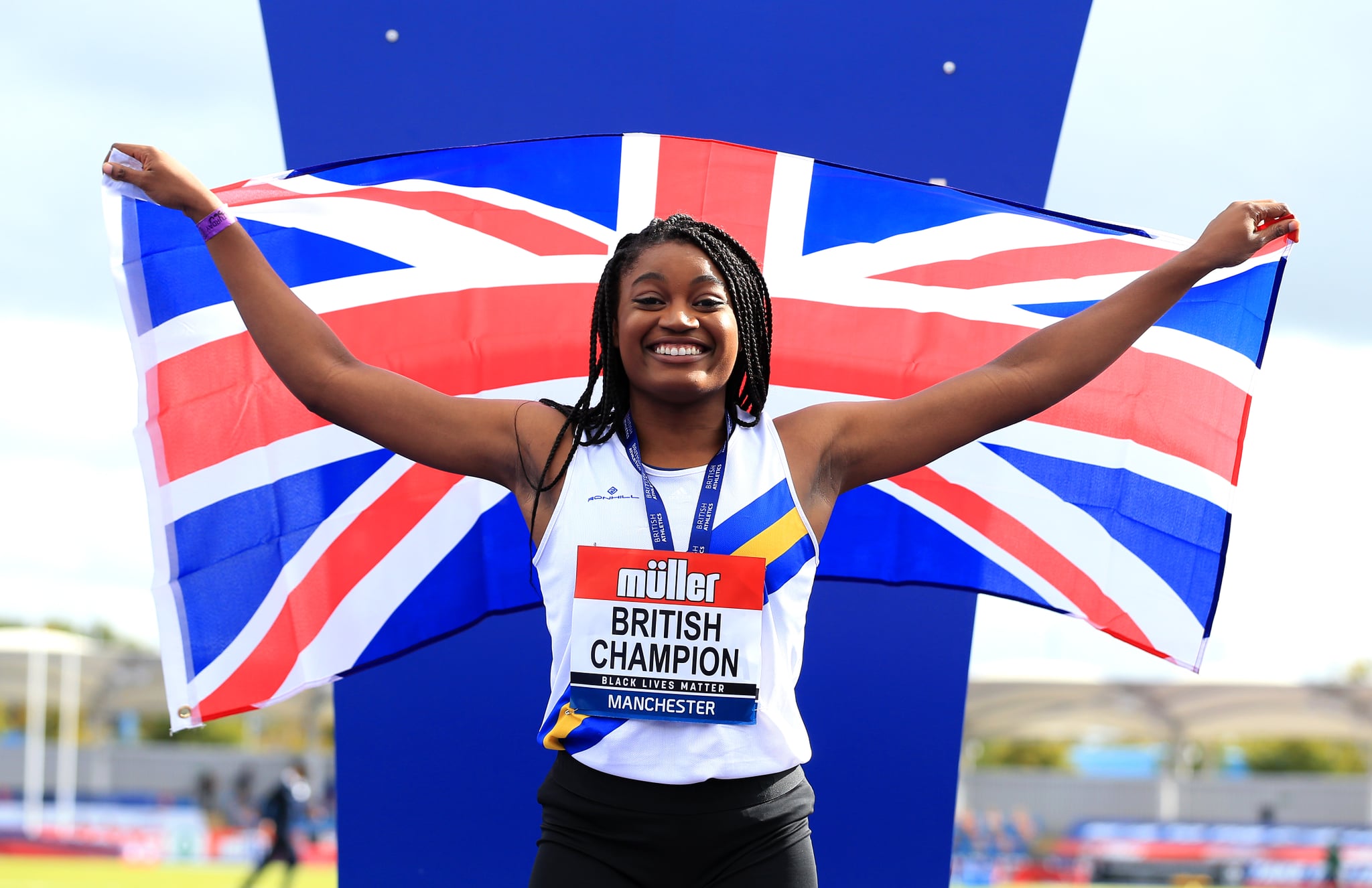 MANCHESTER, ENGLAND - SEPTEMBER 05: In this handout image provided by British Athletics, Gold Medalist, Naomi Ogbeta of Great Britain poses during the medal ceremony for the Women's Triple Jump event during Day Two of the Muller British Athletics Championships at Manchester Regional Arena on September 05, 2020 in Manchester, England. (Photo by British Athletics - Handout/British Athletics via Getty Images)
