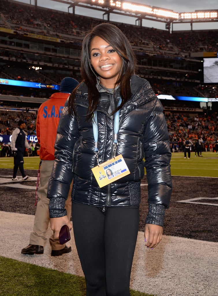 Gabby Douglas was one of the guests on the field at the Super Bowl.
