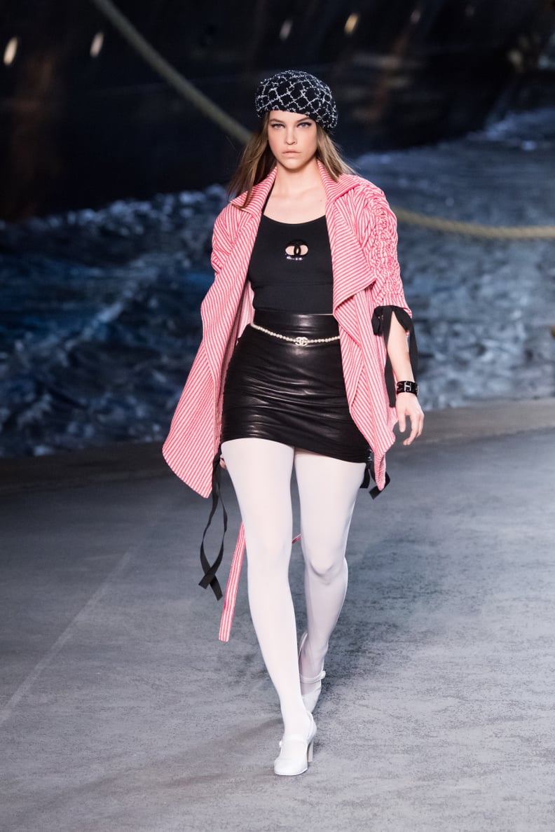 Barbara Palvin Wore a Leather Skirt and a Pink Waterfall Jacket