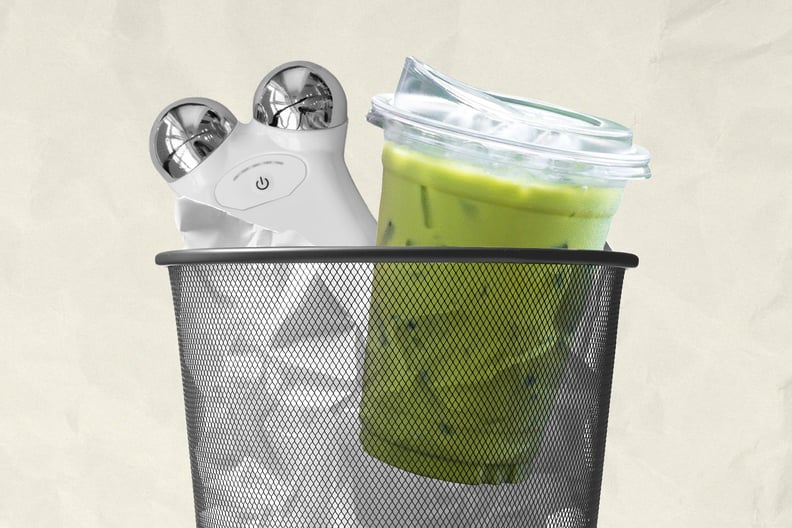 Matcha and personal facial machine in black trash bin.