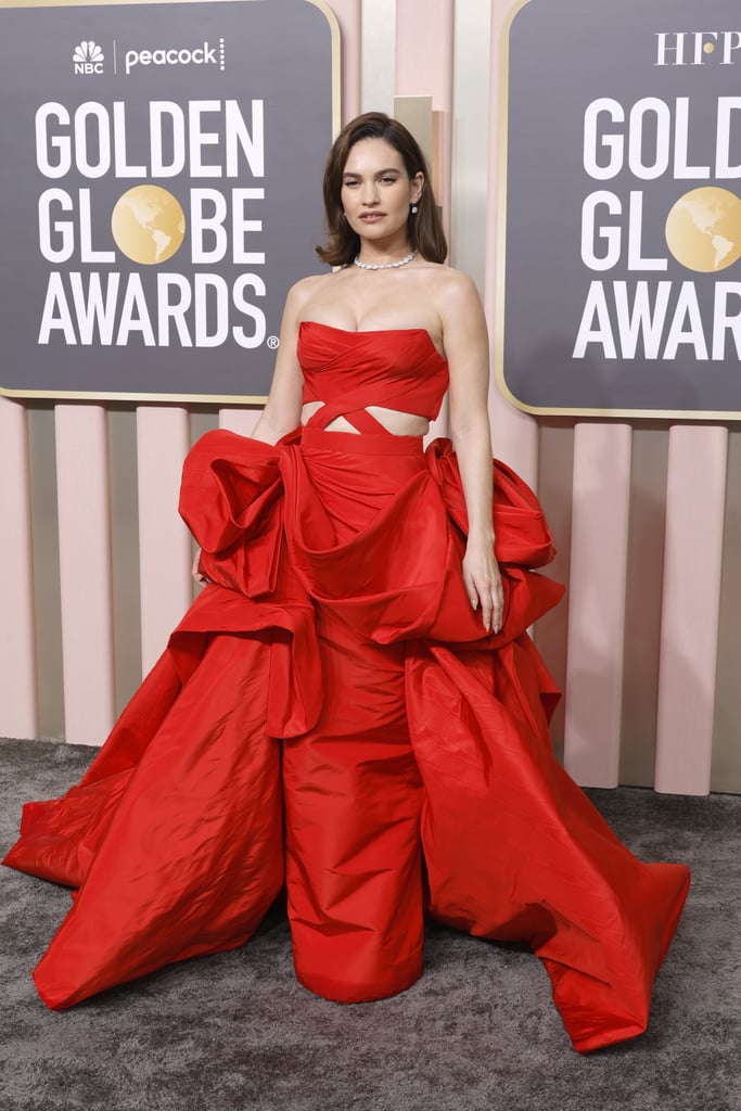 Lily James Wearing Atelier Versace at the 2023 Golden Globe Awards