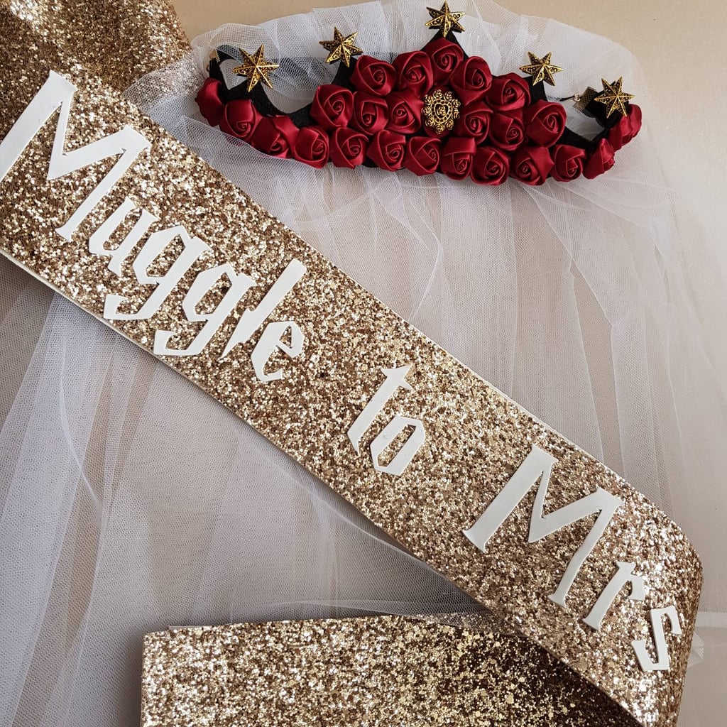 Muggle to Mrs. Gold Glitter Sash and Veil Set