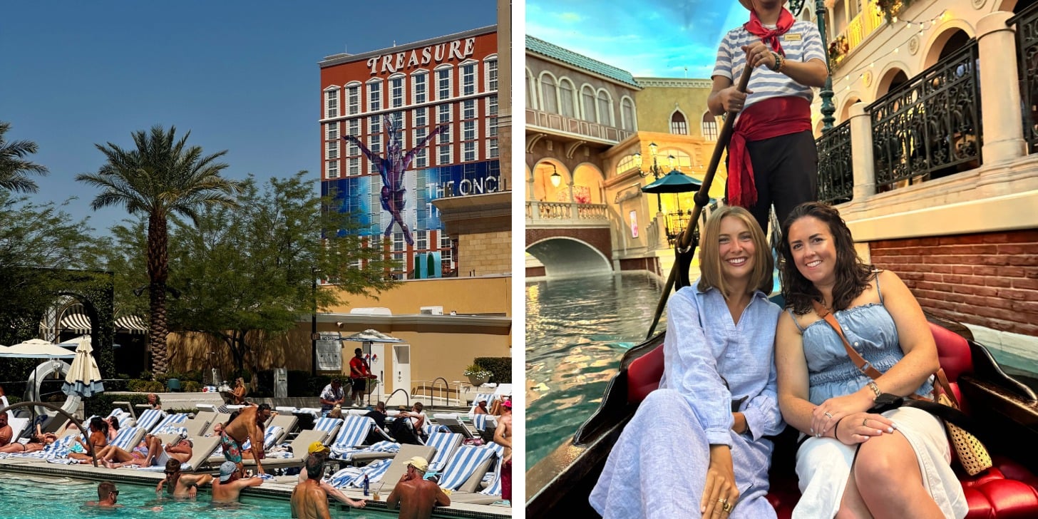 two-up image of a pool and women on a gondola ride