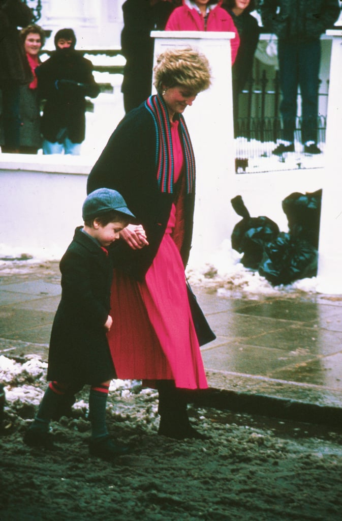Princess Diana held on tight to William's hand while out in snowy London in 1987.