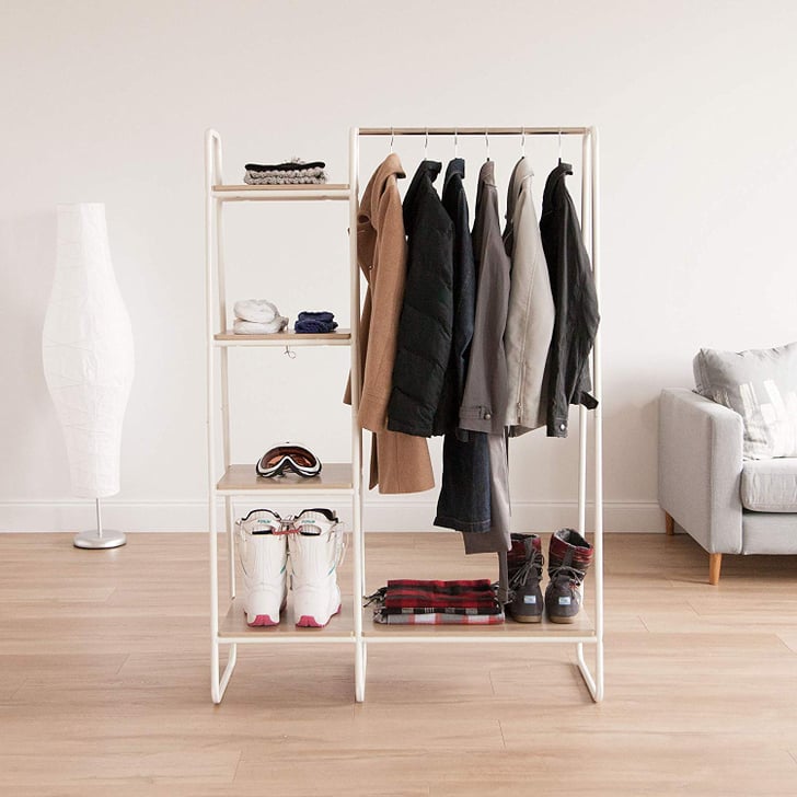Iris Metal Garment Rack With Wood Shelves in White and 