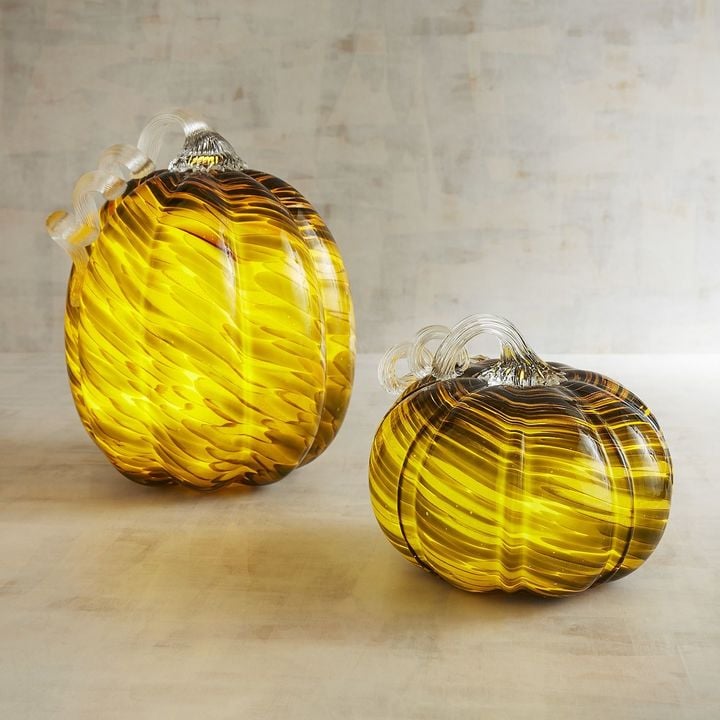 Pier 1 Imports Green & Gold Art Glass LED Light-Up Pumpkins