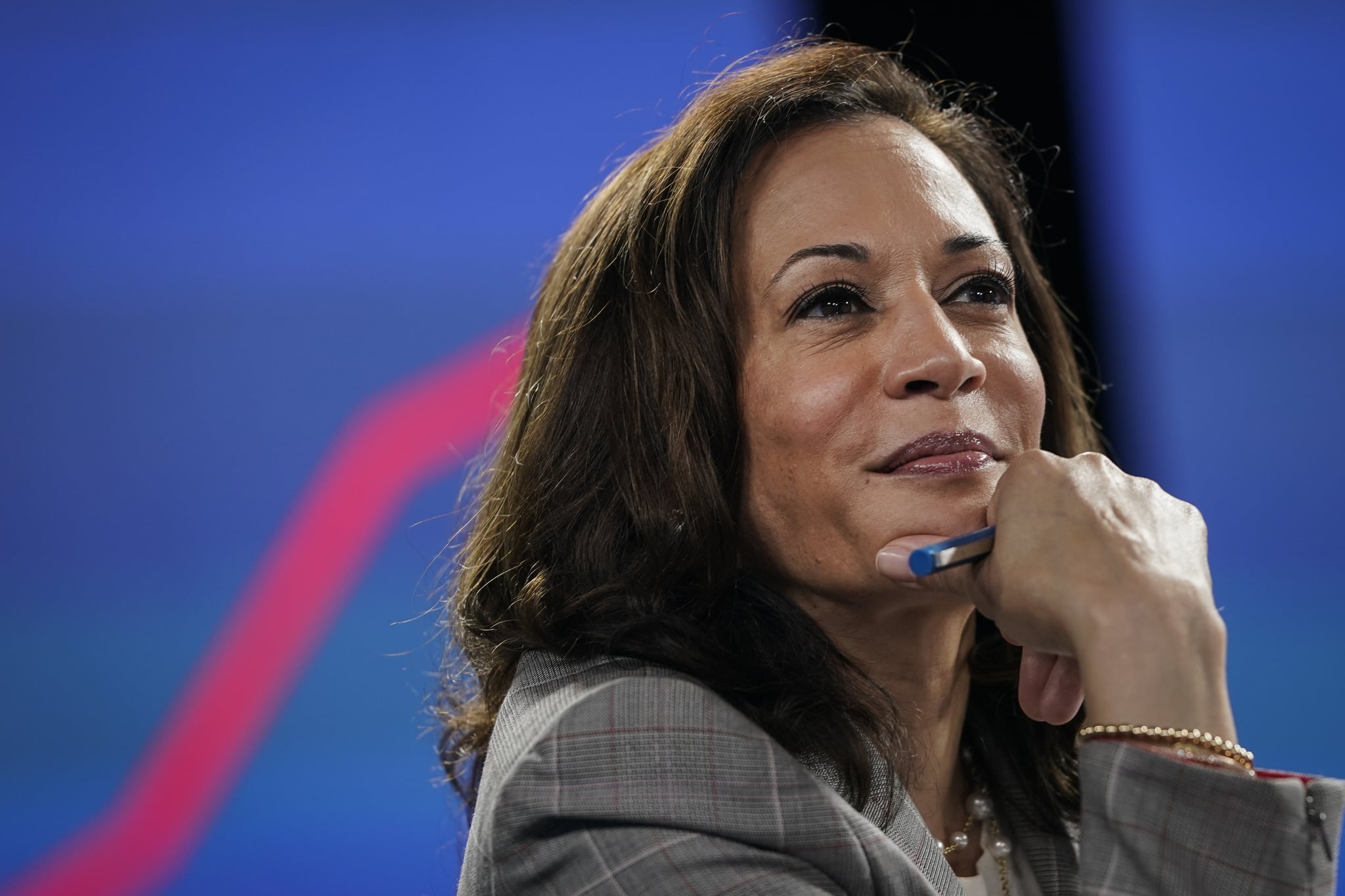 WILMINGTON, DE - AUGUST 13: Sen. Kamala Harris (D-CA), running mate of Presumptive Democratic presidential nominee former Vice President Joe Biden, attends a coronavirus briefing at a makeshift studio at the Hotel DuPont on August 13, 2020 in Wilmington, Delaware. Harris is the first Black woman and first person of Indian descent to be a presumptive nominee on a presidential ticket by a major party in U.S. history. (Photo by Drew Angerer/Getty Images)